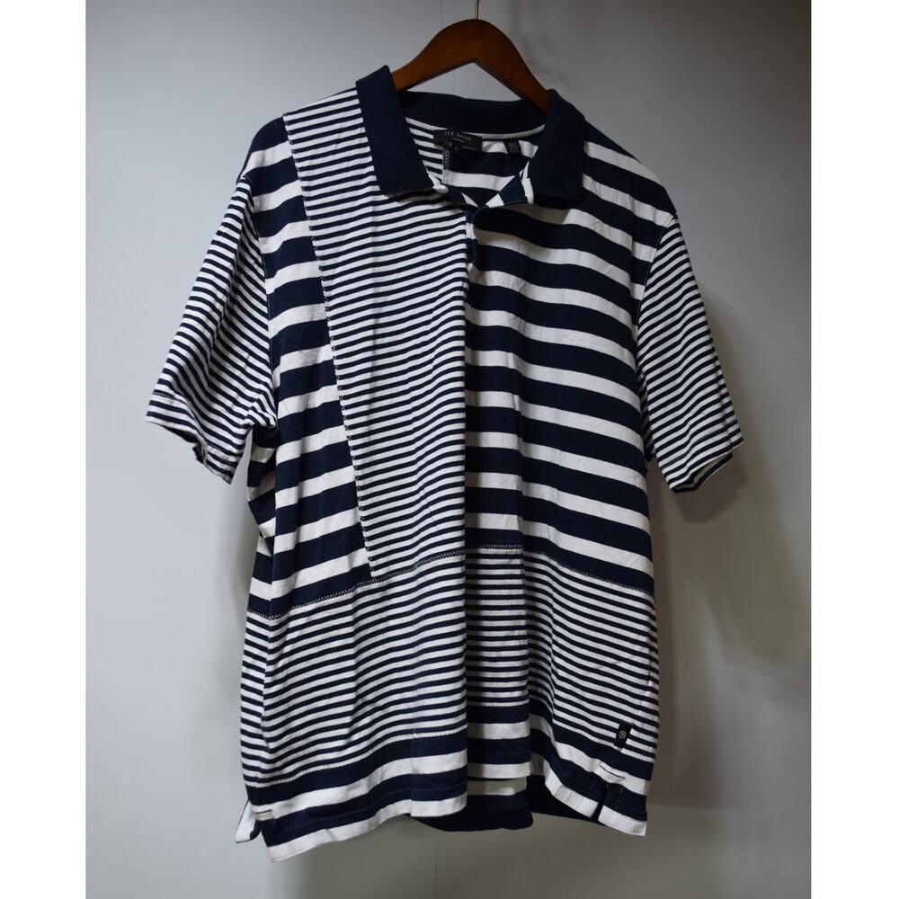 Ted Baker London Men's Navy White Striped Polo Shirt Patchwork Cotton Size 7 XXL